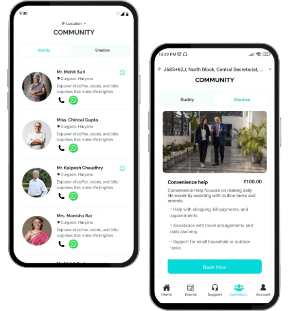 Community app interface showing Buddy and Shadow tabs with member list and services